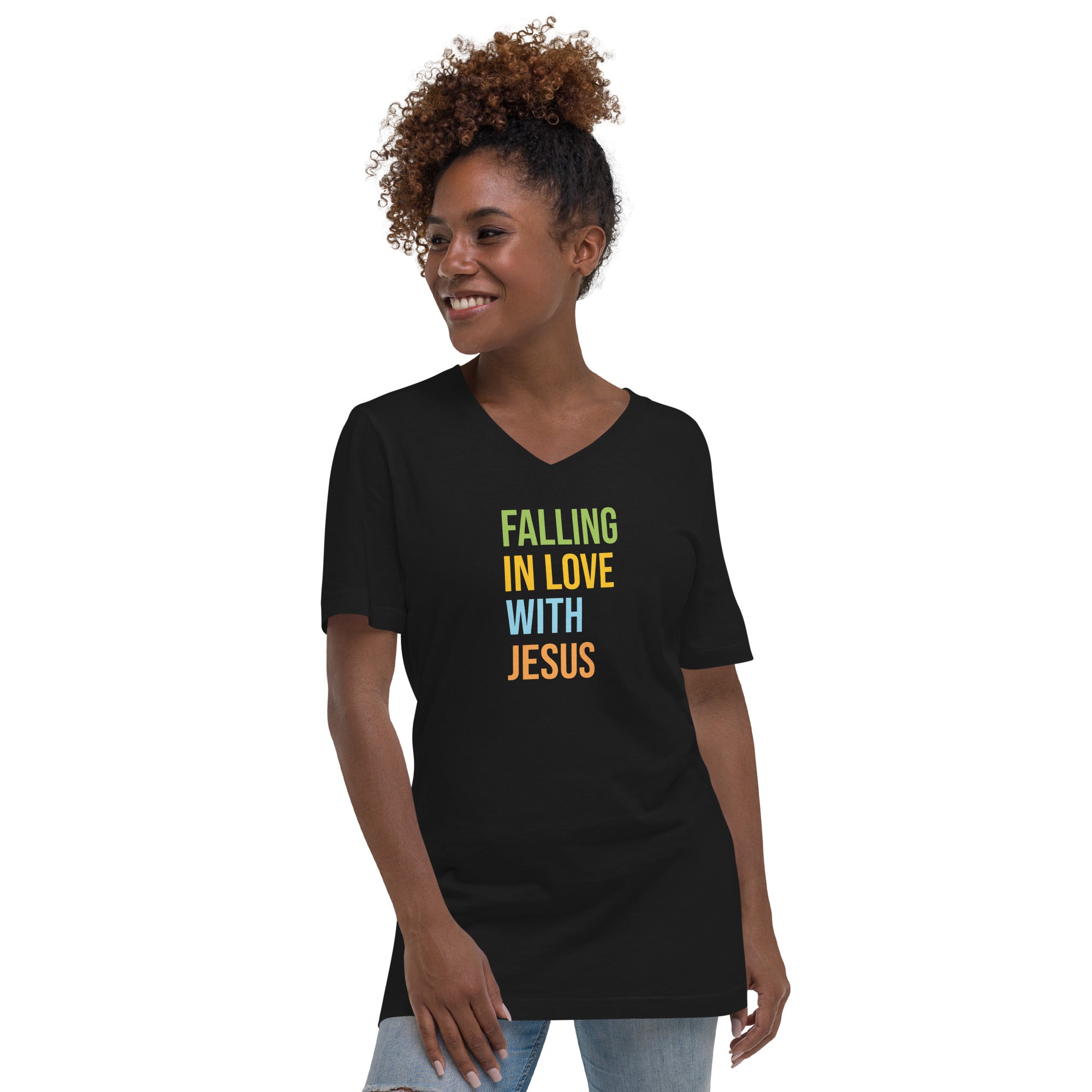 Falling In Love With Jesus – Unisex Short Sleeve V–Neck Tee